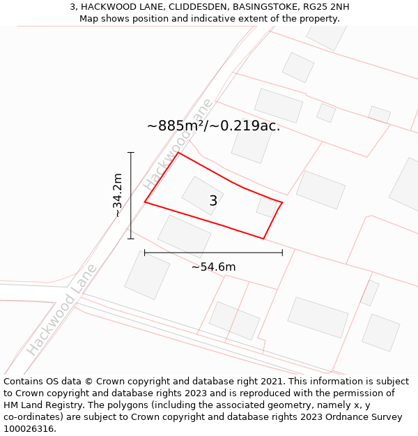 3, HACKWOOD LANE, CLIDDESDEN, BASINGSTOKE, RG25 2NH: Plot and title map