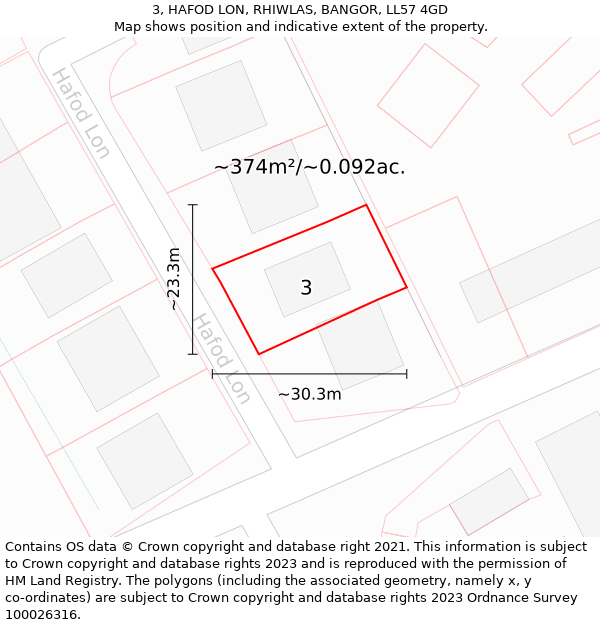 3, HAFOD LON, RHIWLAS, BANGOR, LL57 4GD: Plot and title map