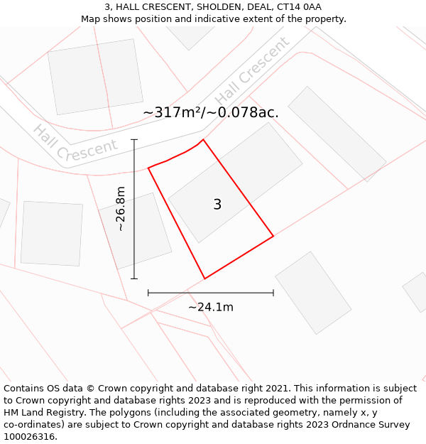 3, HALL CRESCENT, SHOLDEN, DEAL, CT14 0AA: Plot and title map