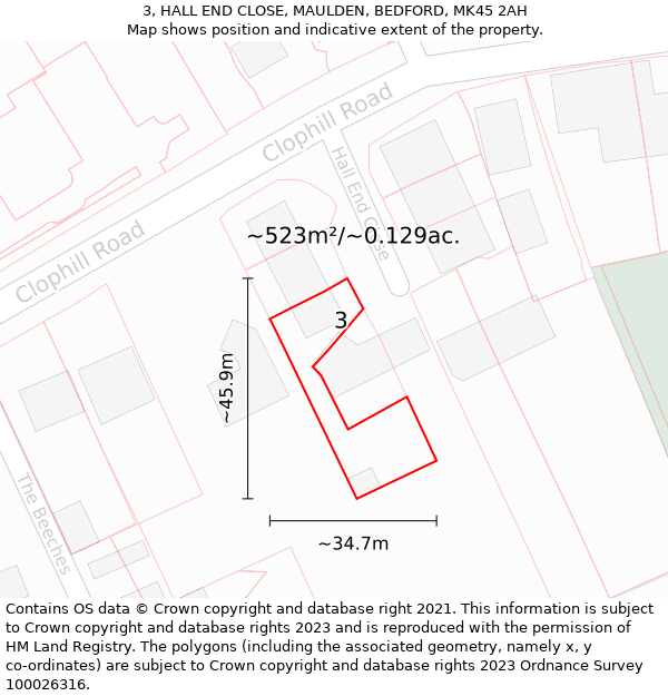 3, HALL END CLOSE, MAULDEN, BEDFORD, MK45 2AH: Plot and title map