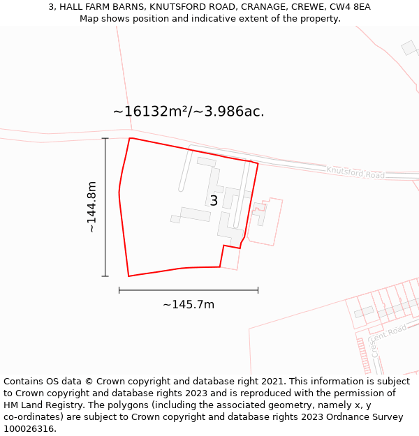 3, HALL FARM BARNS, KNUTSFORD ROAD, CRANAGE, CREWE, CW4 8EA: Plot and title map