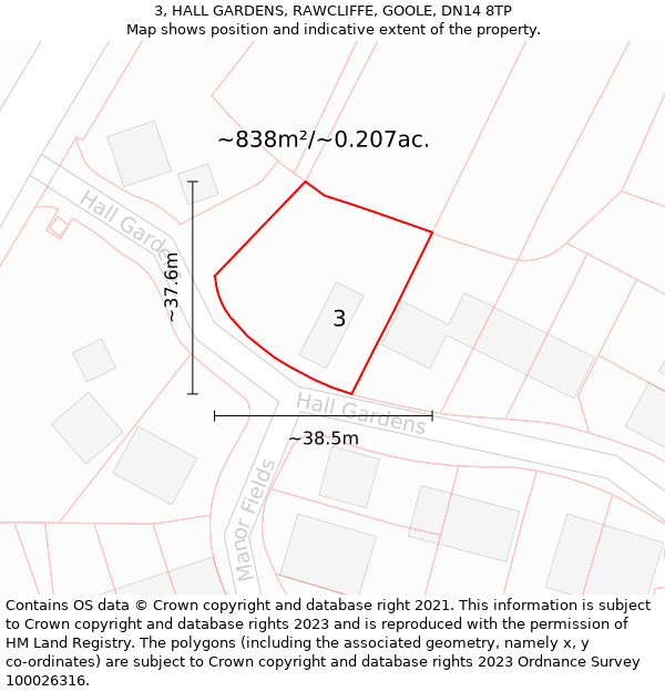 3, HALL GARDENS, RAWCLIFFE, GOOLE, DN14 8TP: Plot and title map