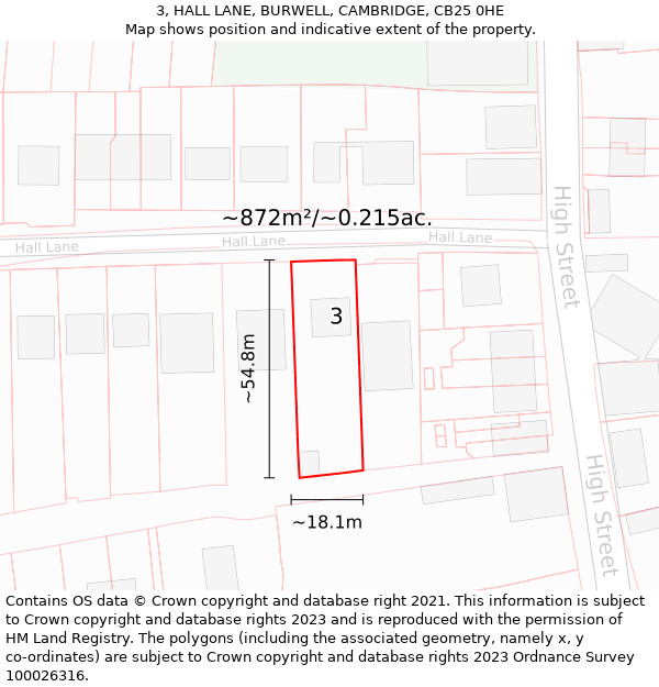 3, HALL LANE, BURWELL, CAMBRIDGE, CB25 0HE: Plot and title map