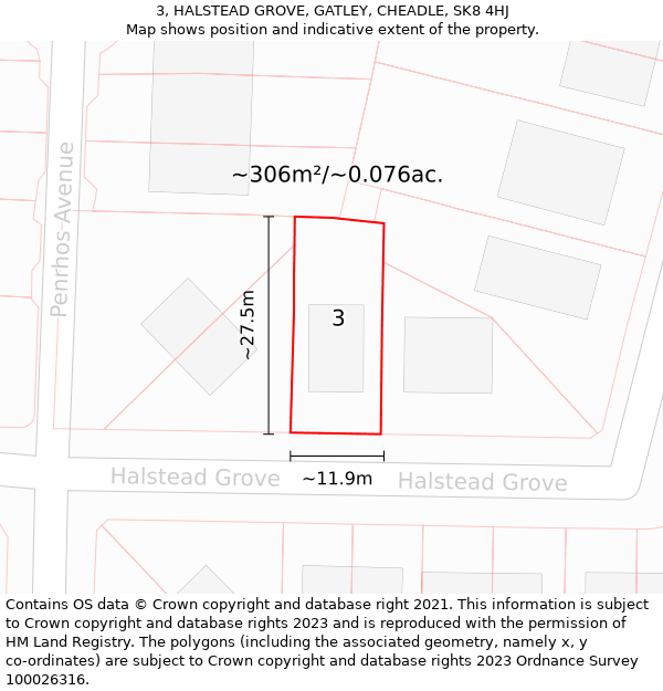 3, HALSTEAD GROVE, GATLEY, CHEADLE, SK8 4HJ: Plot and title map