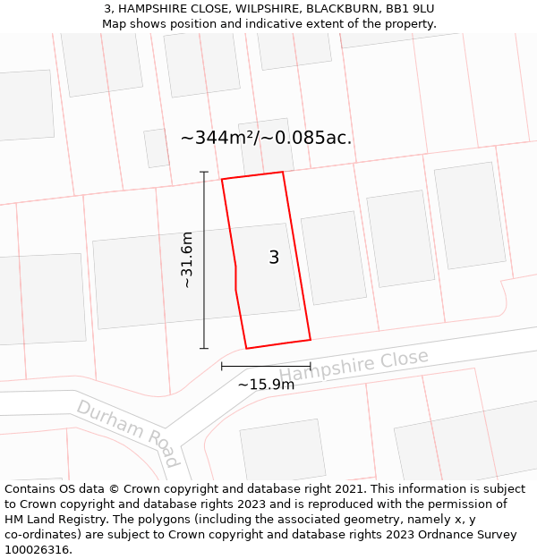 3, HAMPSHIRE CLOSE, WILPSHIRE, BLACKBURN, BB1 9LU: Plot and title map