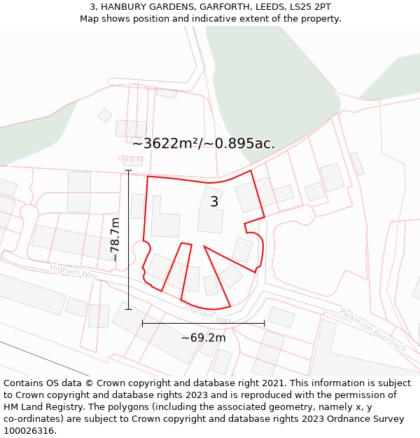 3, HANBURY GARDENS, GARFORTH, LEEDS, LS25 2PT: Plot and title map