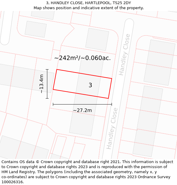 3, HANDLEY CLOSE, HARTLEPOOL, TS25 2DY: Plot and title map