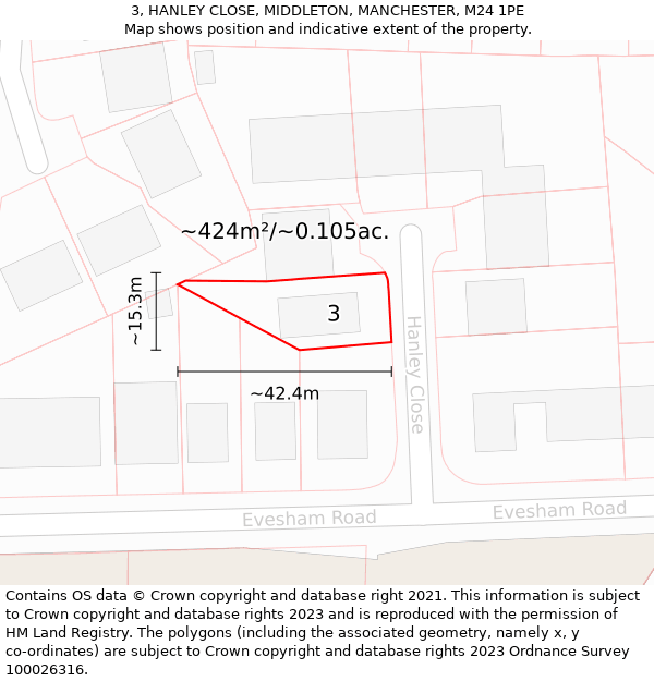 3, HANLEY CLOSE, MIDDLETON, MANCHESTER, M24 1PE: Plot and title map