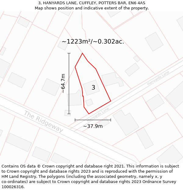 3, HANYARDS LANE, CUFFLEY, POTTERS BAR, EN6 4AS: Plot and title map