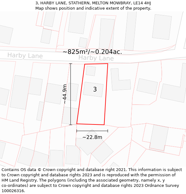 3, HARBY LANE, STATHERN, MELTON MOWBRAY, LE14 4HJ: Plot and title map