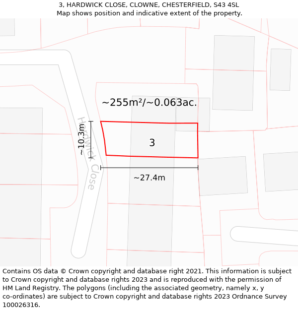 3, HARDWICK CLOSE, CLOWNE, CHESTERFIELD, S43 4SL: Plot and title map