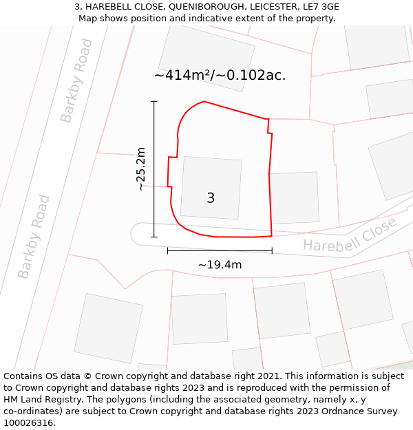 3, HAREBELL CLOSE, QUENIBOROUGH, LEICESTER, LE7 3GE: Plot and title map