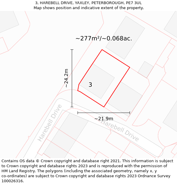 3, HAREBELL DRIVE, YAXLEY, PETERBOROUGH, PE7 3UL: Plot and title map