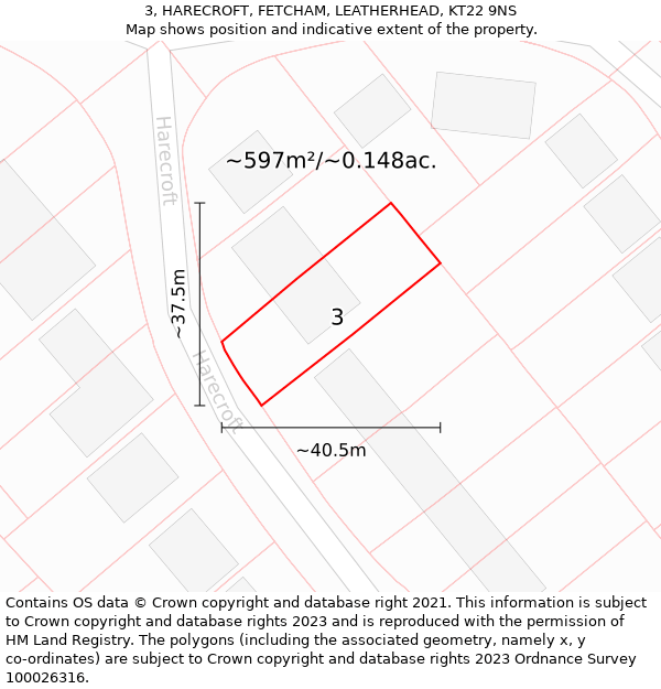 3, HARECROFT, FETCHAM, LEATHERHEAD, KT22 9NS: Plot and title map