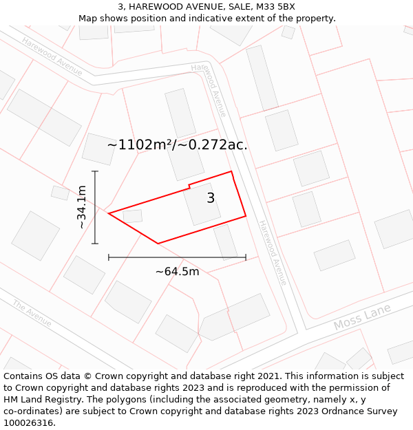 3, HAREWOOD AVENUE, SALE, M33 5BX: Plot and title map