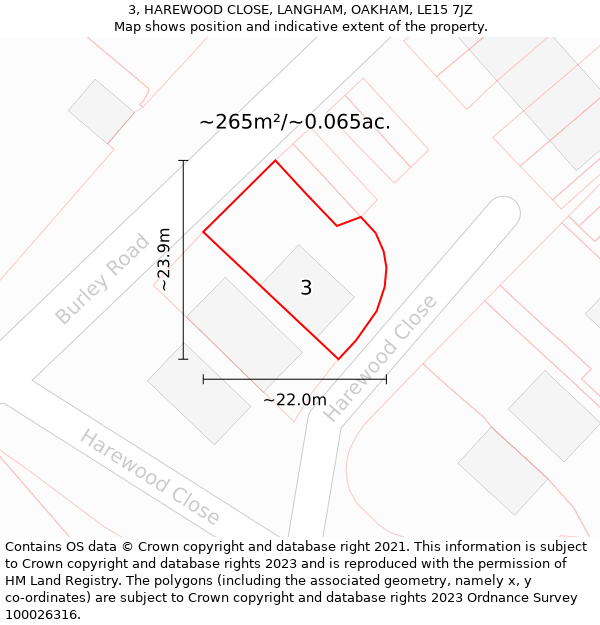 3, HAREWOOD CLOSE, LANGHAM, OAKHAM, LE15 7JZ: Plot and title map