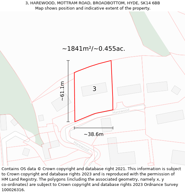 3, HAREWOOD, MOTTRAM ROAD, BROADBOTTOM, HYDE, SK14 6BB: Plot and title map