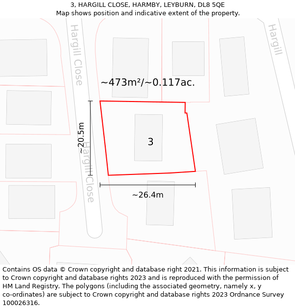 3, HARGILL CLOSE, HARMBY, LEYBURN, DL8 5QE: Plot and title map