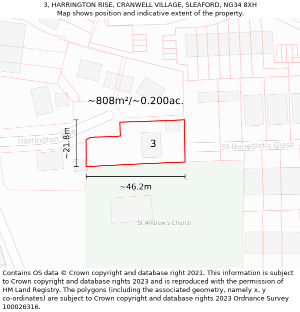 3, HARRINGTON RISE, CRANWELL VILLAGE, SLEAFORD, NG34 8XH: Plot and title map