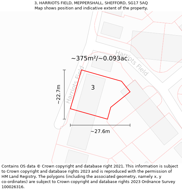 3, HARRIOTS FIELD, MEPPERSHALL, SHEFFORD, SG17 5AQ: Plot and title map