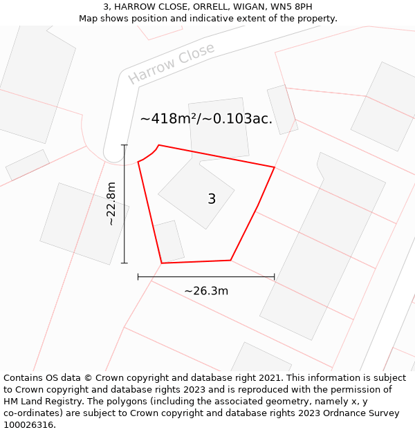 3, HARROW CLOSE, ORRELL, WIGAN, WN5 8PH: Plot and title map