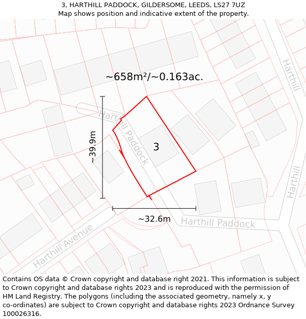 3, HARTHILL PADDOCK, GILDERSOME, LEEDS, LS27 7UZ: Plot and title map