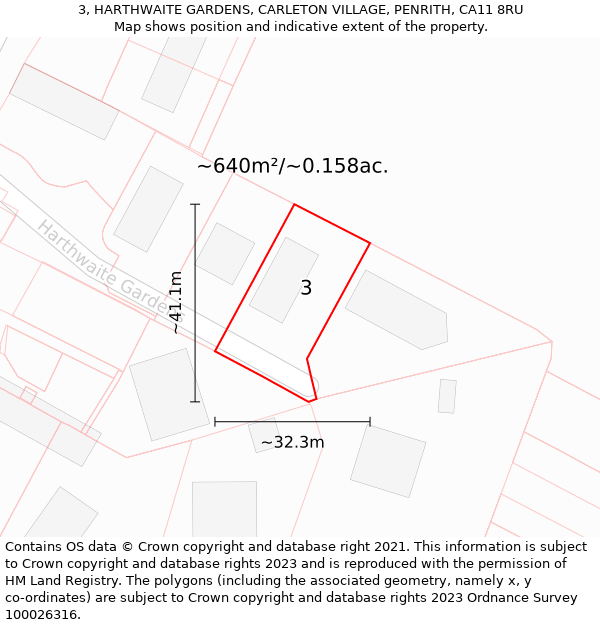 3, HARTHWAITE GARDENS, CARLETON VILLAGE, PENRITH, CA11 8RU: Plot and title map