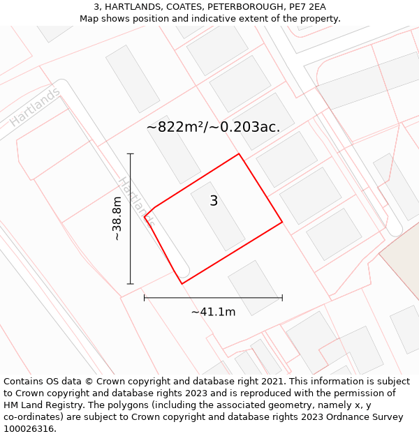 3, HARTLANDS, COATES, PETERBOROUGH, PE7 2EA: Plot and title map