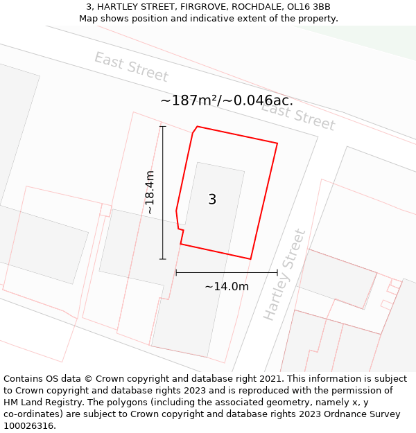 3, HARTLEY STREET, FIRGROVE, ROCHDALE, OL16 3BB: Plot and title map