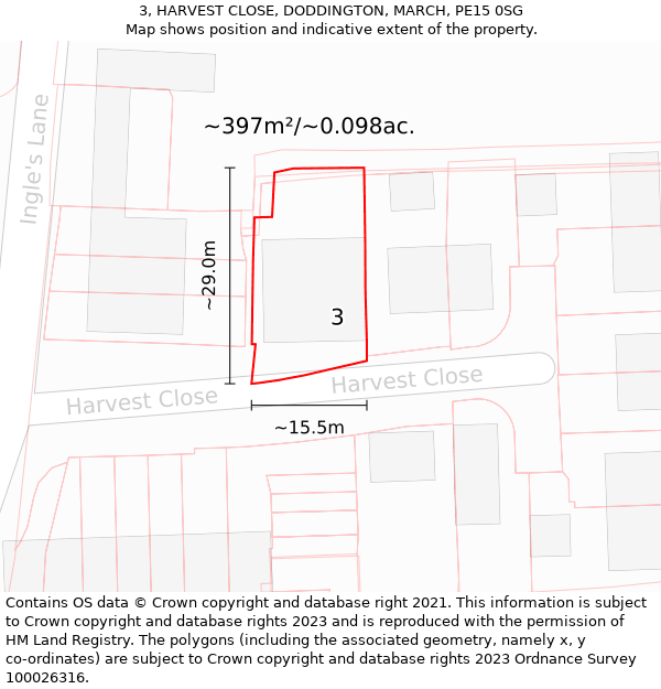 3, HARVEST CLOSE, DODDINGTON, MARCH, PE15 0SG: Plot and title map