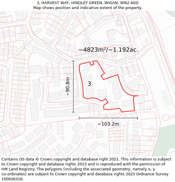 3, HARVEST WAY, HINDLEY GREEN, WIGAN, WN2 4GD: Plot and title map