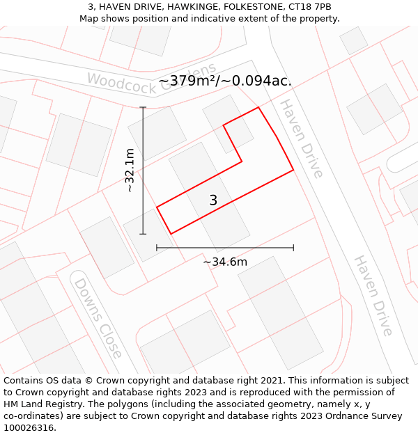 3, HAVEN DRIVE, HAWKINGE, FOLKESTONE, CT18 7PB: Plot and title map