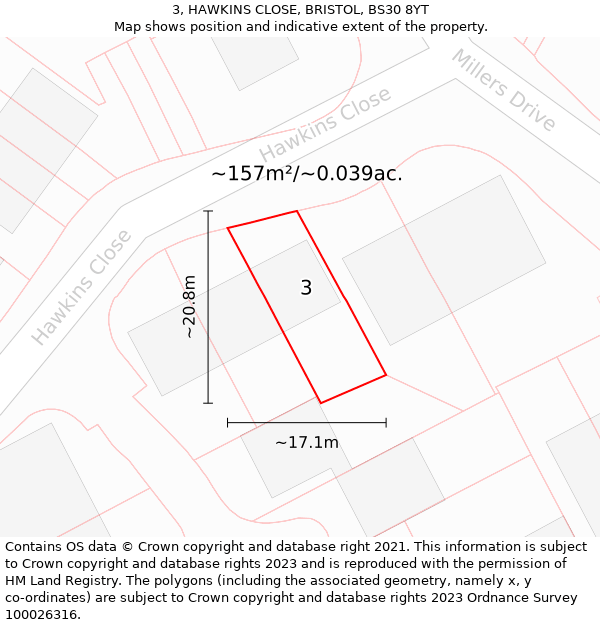 3, HAWKINS CLOSE, BRISTOL, BS30 8YT: Plot and title map