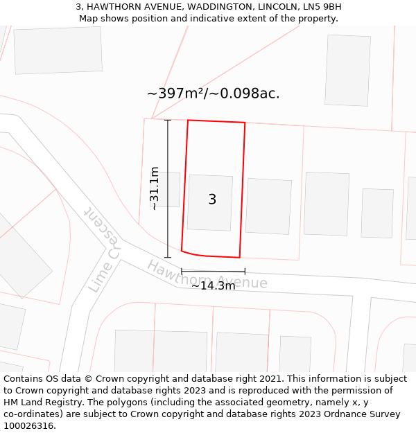 3, HAWTHORN AVENUE, WADDINGTON, LINCOLN, LN5 9BH: Plot and title map