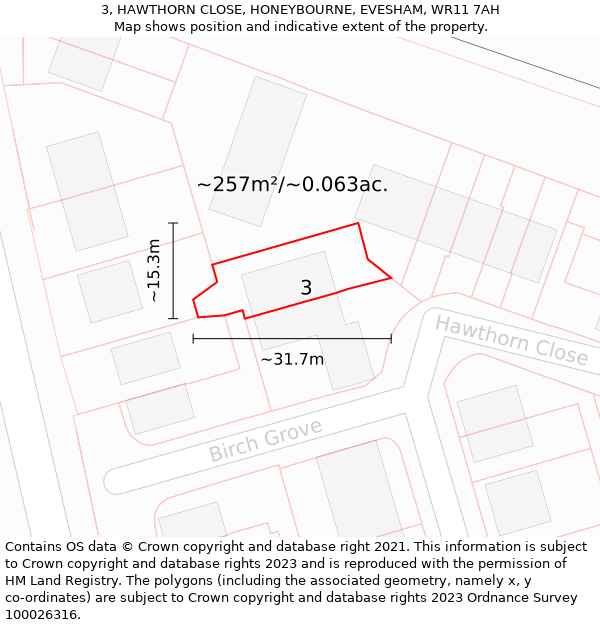 3, HAWTHORN CLOSE, HONEYBOURNE, EVESHAM, WR11 7AH: Plot and title map