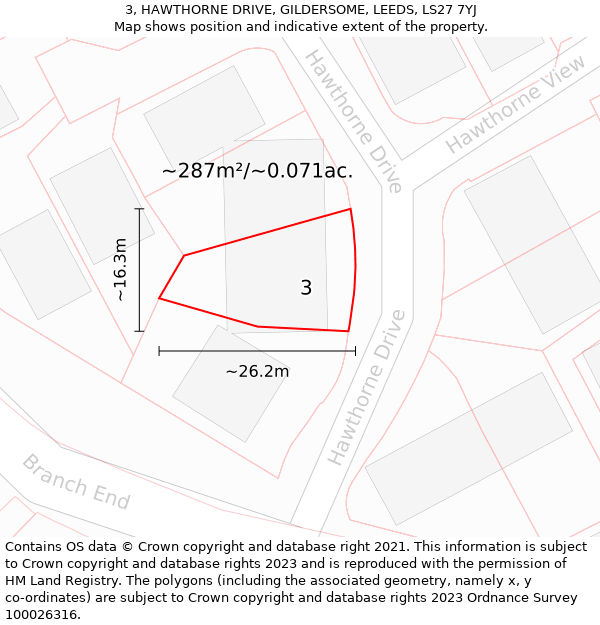 3, HAWTHORNE DRIVE, GILDERSOME, LEEDS, LS27 7YJ: Plot and title map