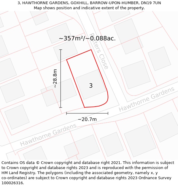 3, HAWTHORNE GARDENS, GOXHILL, BARROW-UPON-HUMBER, DN19 7UN: Plot and title map