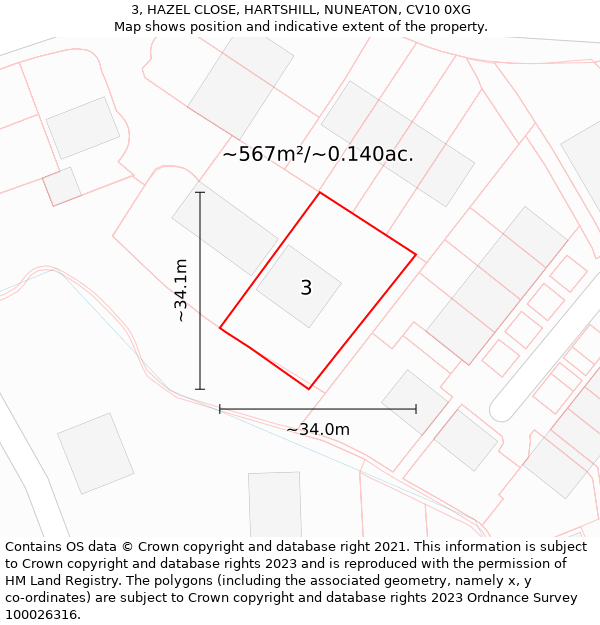 3, HAZEL CLOSE, HARTSHILL, NUNEATON, CV10 0XG: Plot and title map