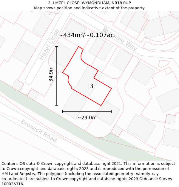 3, HAZEL CLOSE, WYMONDHAM, NR18 0UP: Plot and title map