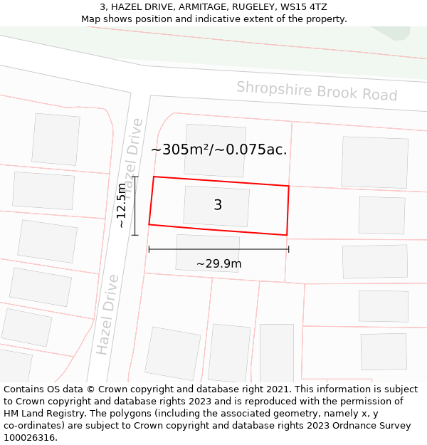 3, HAZEL DRIVE, ARMITAGE, RUGELEY, WS15 4TZ: Plot and title map