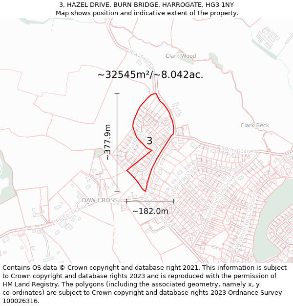 3, HAZEL DRIVE, BURN BRIDGE, HARROGATE, HG3 1NY: Plot and title map