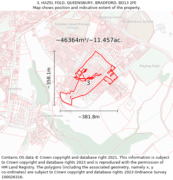 3, HAZEL FOLD, QUEENSBURY, BRADFORD, BD13 2FE: Plot and title map