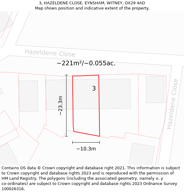 3, HAZELDENE CLOSE, EYNSHAM, WITNEY, OX29 4AD: Plot and title map