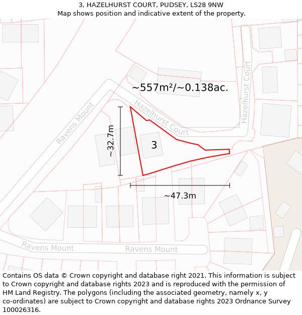 3, HAZELHURST COURT, PUDSEY, LS28 9NW: Plot and title map