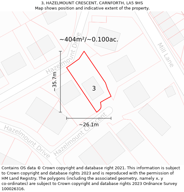 3, HAZELMOUNT CRESCENT, CARNFORTH, LA5 9HS: Plot and title map