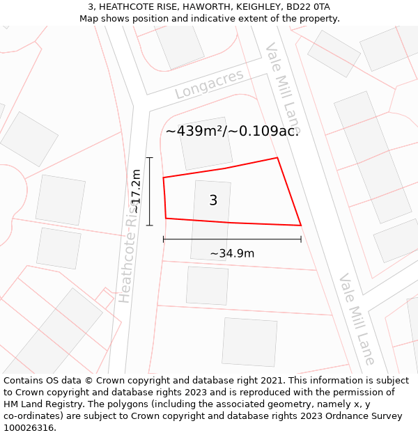 3, HEATHCOTE RISE, HAWORTH, KEIGHLEY, BD22 0TA: Plot and title map