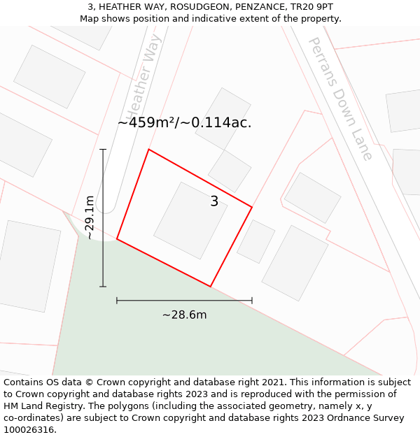 3, HEATHER WAY, ROSUDGEON, PENZANCE, TR20 9PT: Plot and title map