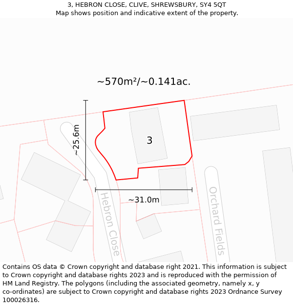 3, HEBRON CLOSE, CLIVE, SHREWSBURY, SY4 5QT: Plot and title map