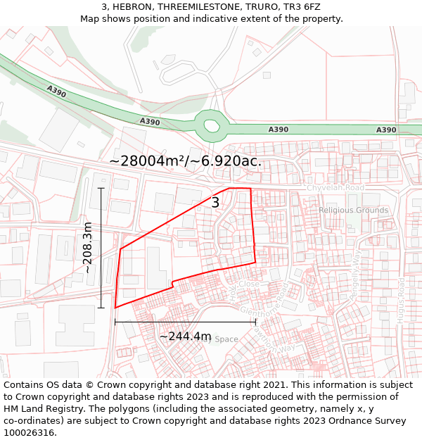 3, HEBRON, THREEMILESTONE, TRURO, TR3 6FZ: Plot and title map