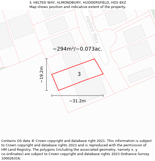 3, HELTED WAY, ALMONDBURY, HUDDERSFIELD, HD5 8XZ: Plot and title map